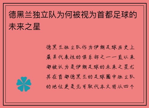 德黑兰独立队为何被视为首都足球的未来之星